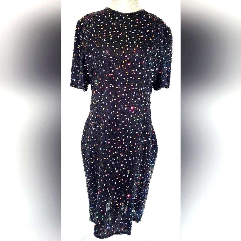 Vintage Lawrence Kazar 100%silk & rainbow sequin sheath dress